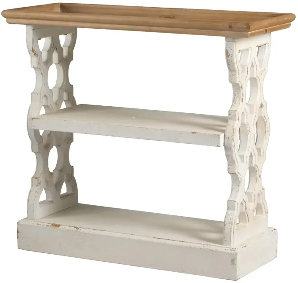 35 Inch 3 Tier Console Table, Fir Wood, Carved Panels, Brown and White - Benzara