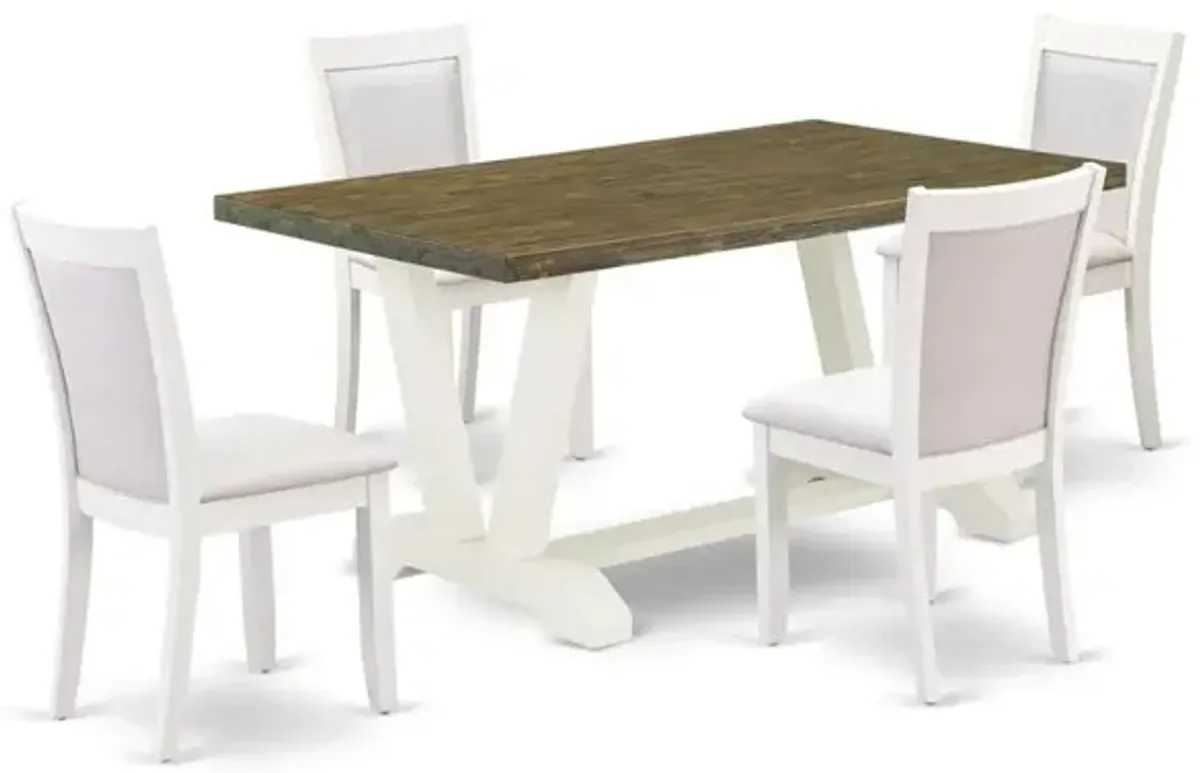 V076MZ001-5 5-Piece Kitchen Dining Table Set Consists of a Wood Table and 4 Cream Padded Chairs - Wire Brushed Linen White Finish