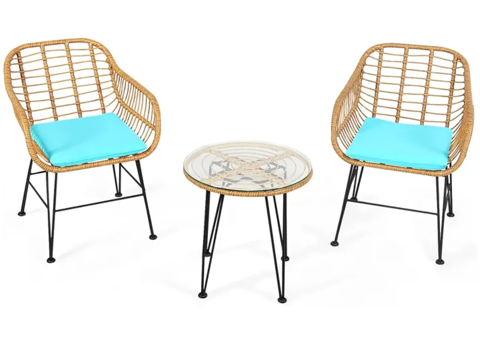 3 Pieces Rattan Furniture Set with Cushioned Chair Table