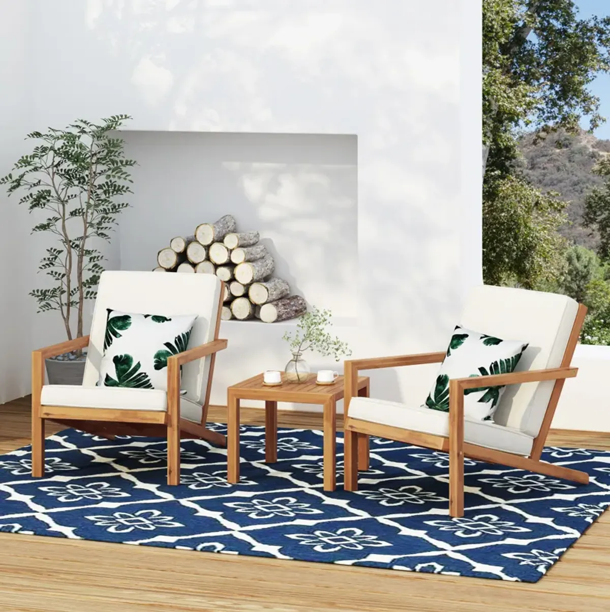 Merax 3 PCS Wood Frame Patio Chairs Table Conversation Set