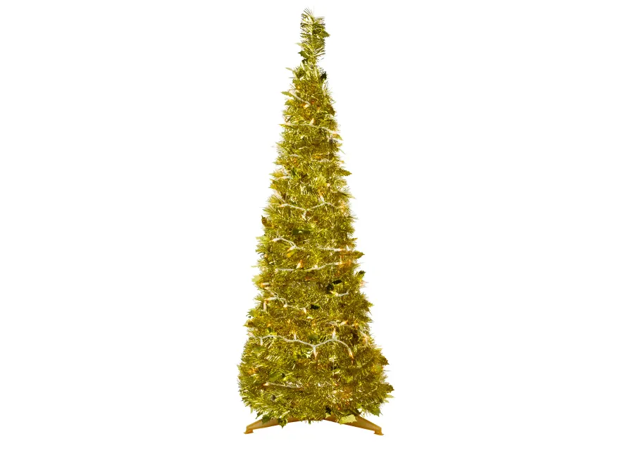 4' Pre-Lit Gold Tinsel Pop-Up Artificial Christmas Tree  Clear Lights