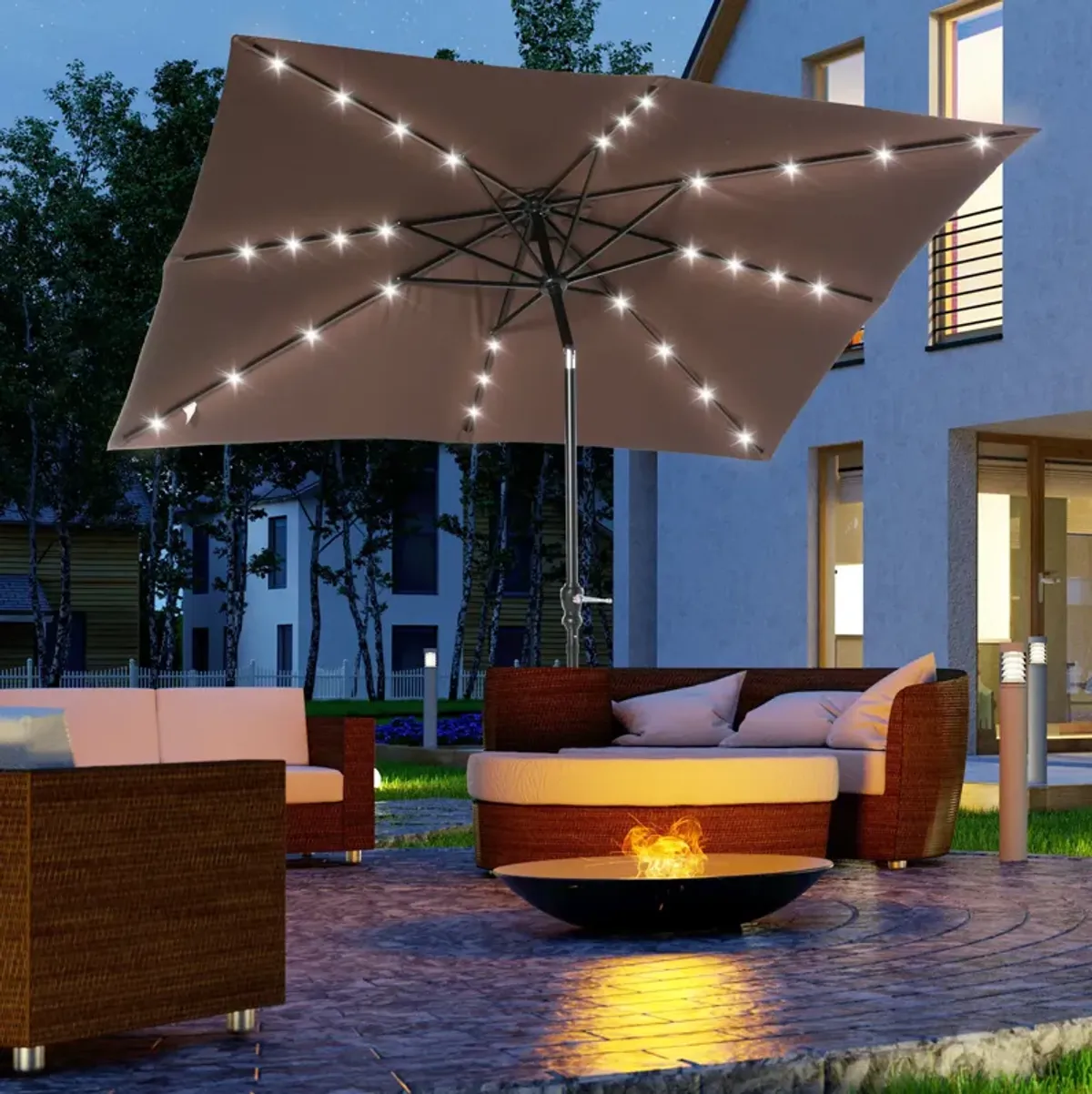 Brown Deck Shade: 9'x7' Patio Umbrella with Solar LEDs and Tilt