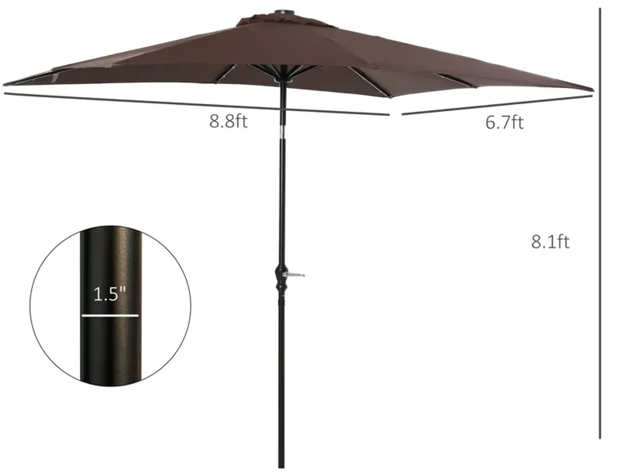 Brown Deck Shade: 9'x7' Patio Umbrella with Solar LEDs and Tilt