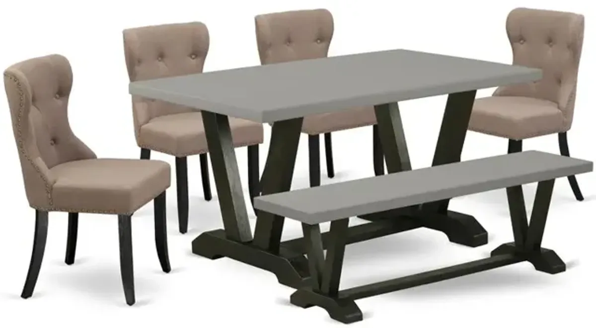 East West Furniture V696SI648-6 6-Piece Kitchen Dining Room Set- 4 Mid Century Dining Chairs with Coffee Linen Fabric Seat and Button Tufted Chair Back - Rectangular Top & Wooden Legs Kitchen Table an