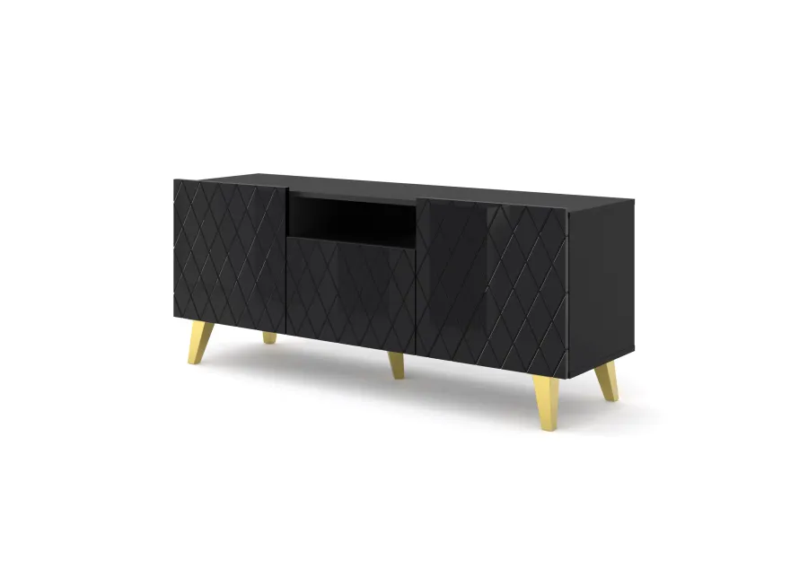 TV Stand DIUNA 3D 57'' Lowboard Milled MDF Fronts, Black High Gloss