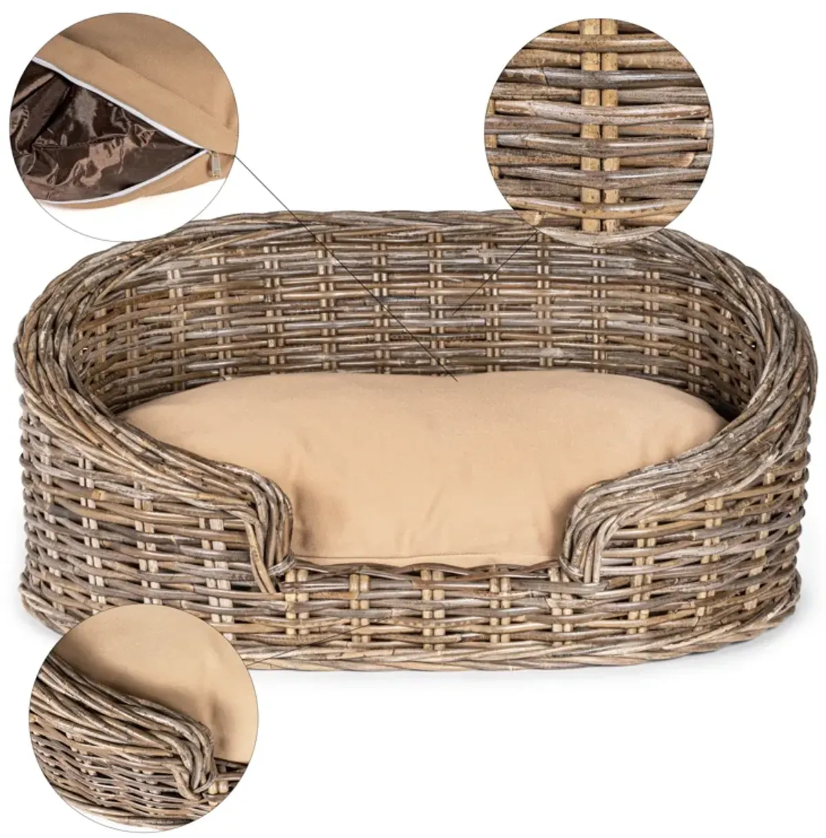 Curvy Classic Handwoven Rattan Dog Bed with Machine-Washable Cushion