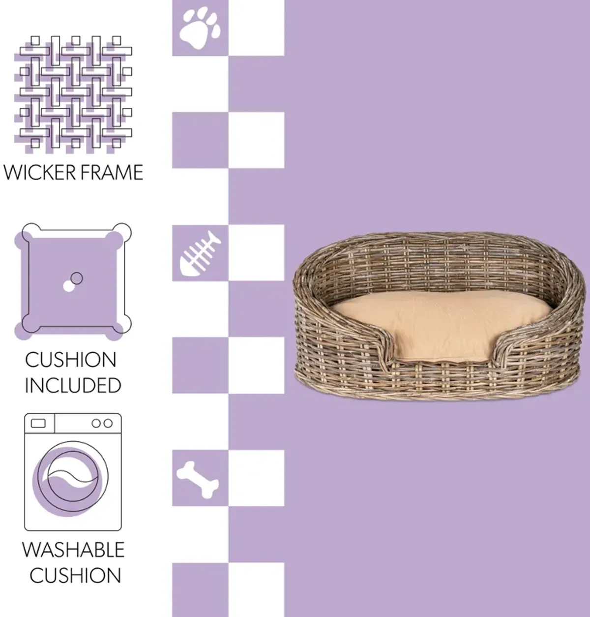 Curvy Classic Handwoven Rattan Dog Bed with Machine-Washable Cushion