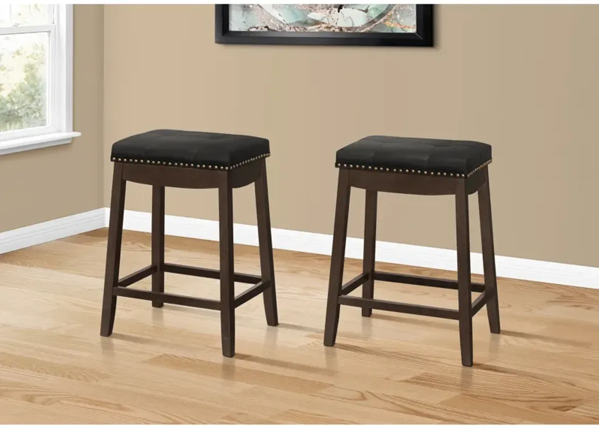 Monarch Specialties Bar Stool, Set Of 2, Counter Height, Saddle Seat, Kitchen, Wood, Pu Leather Look, Transitional