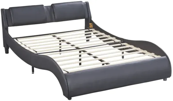 Full Size Upholstered Faux Leather Platform Bed with LED Light Bed Frame with Slatted