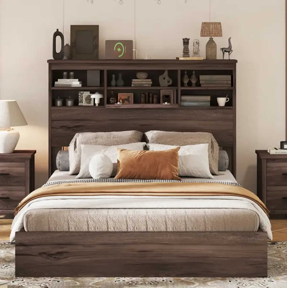 Merax Vintage Platform Bed with Storage Headboard and Charging Station