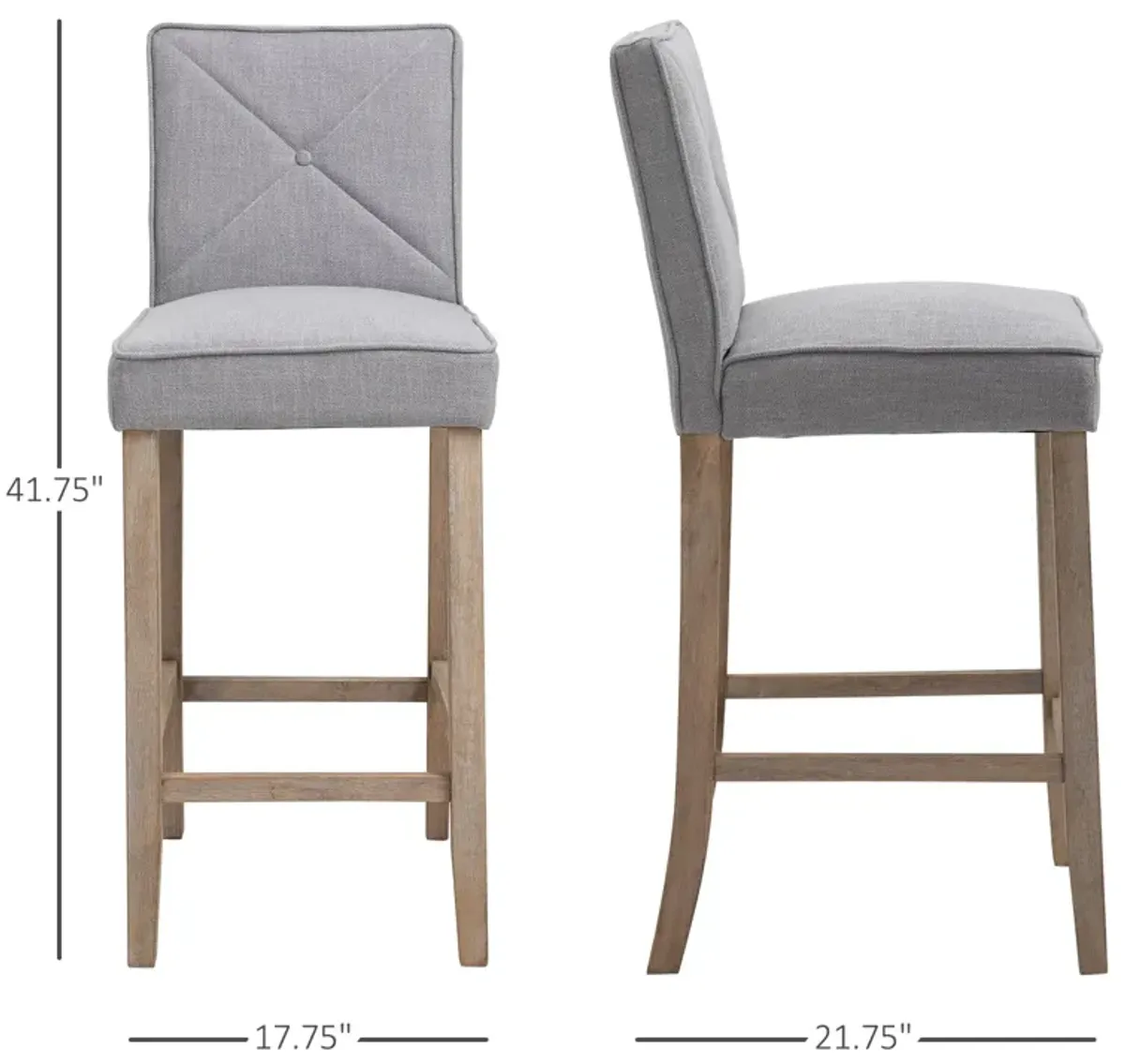 Gray Modern Seating: Set of 2 Upholstered Bar Stools with Wood Legs