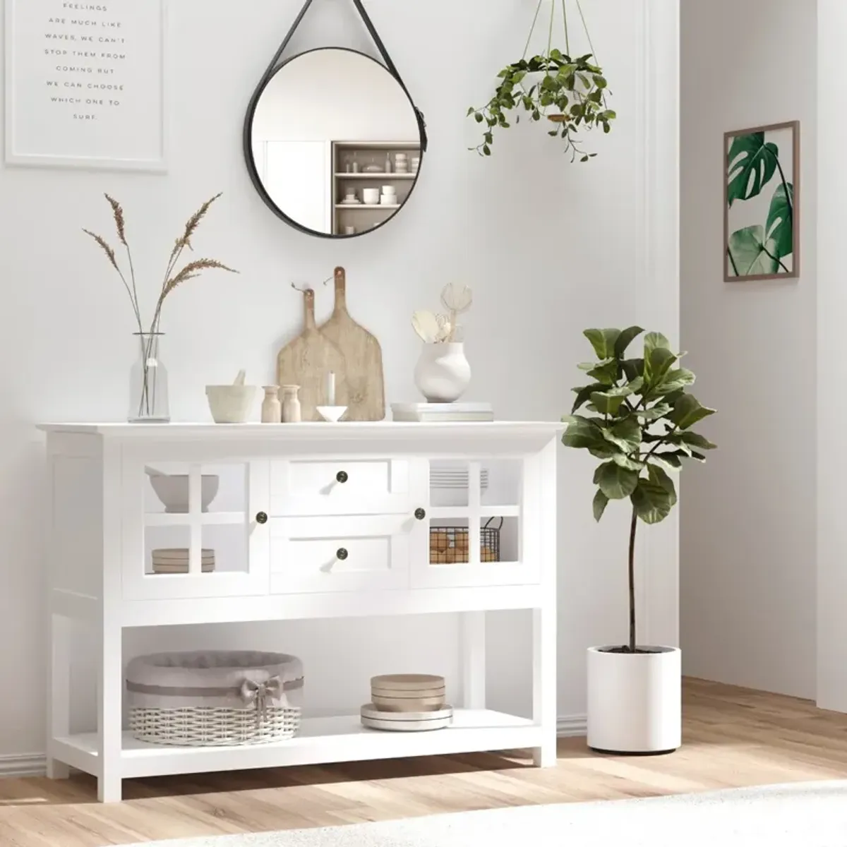 White Kitchen Buffet: Sideboard Cabinet with Glass Doors and Shelves