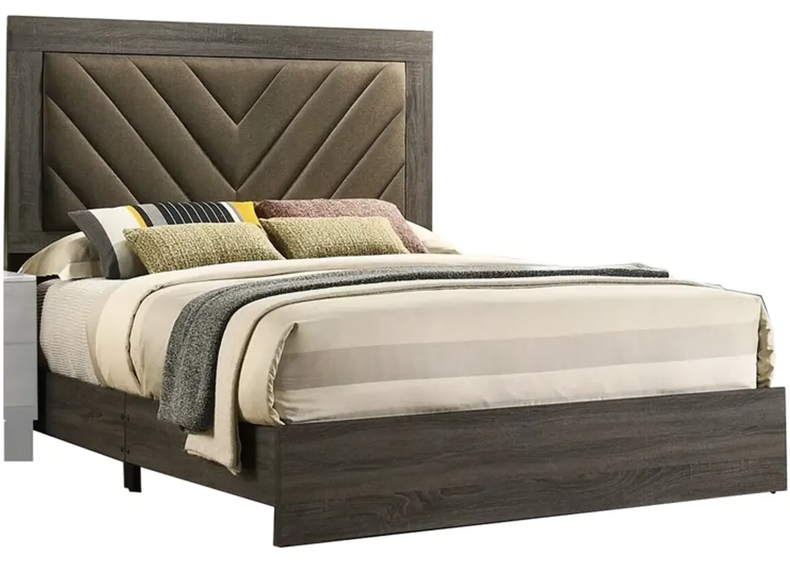 Cato Upholstered King Size Bed, Chevron Tufted Brown Headboard, Dark Gray  - Benzara