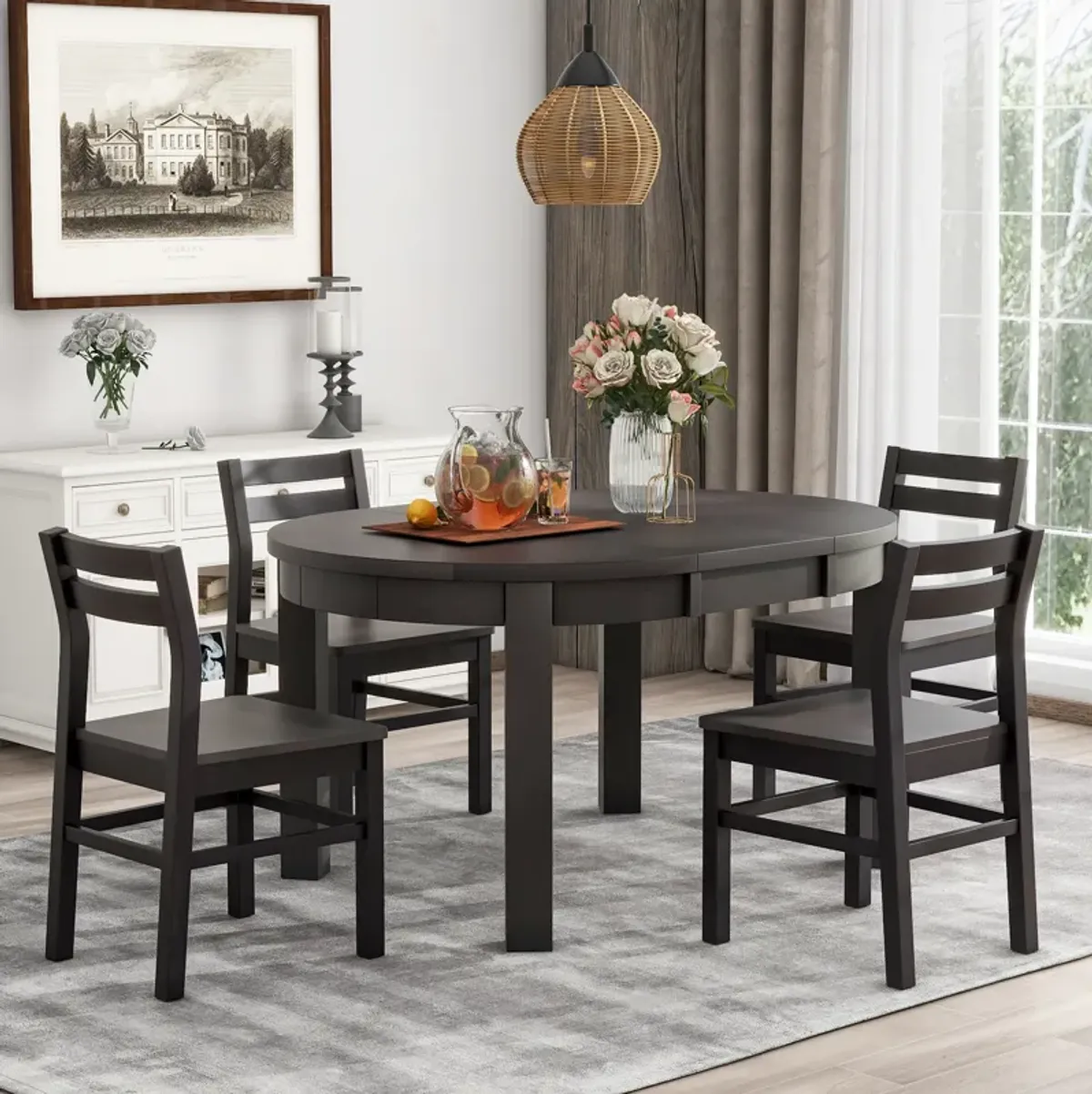 Merax Farmhouse 5-Piece Extendable Dining Table  Chairs Set