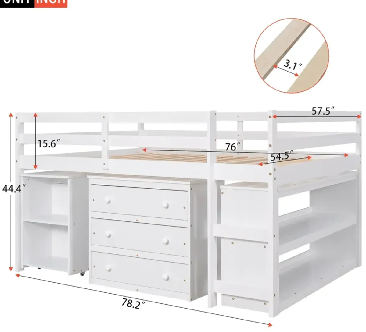 Low Study Full Loft Bed With Cabinet, Shelves And Rolling Portable Desk, Multiple Functions