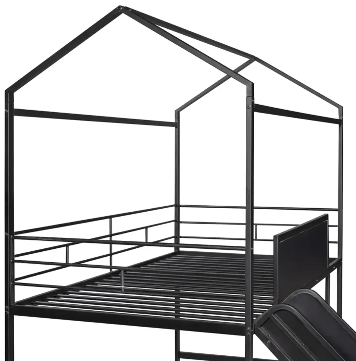 Metal House Bed With Slide, Twin Size Metal Loft Bed With Two-Sided Writable Wooden Board