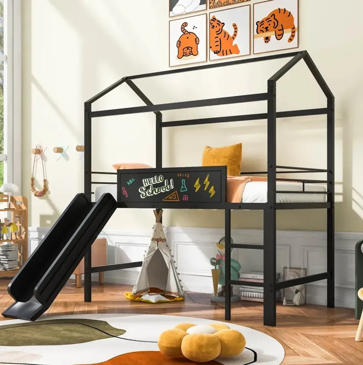 Metal House Bed With Slide, Twin Size Metal Loft Bed With Two-Sided Writable Wooden Board