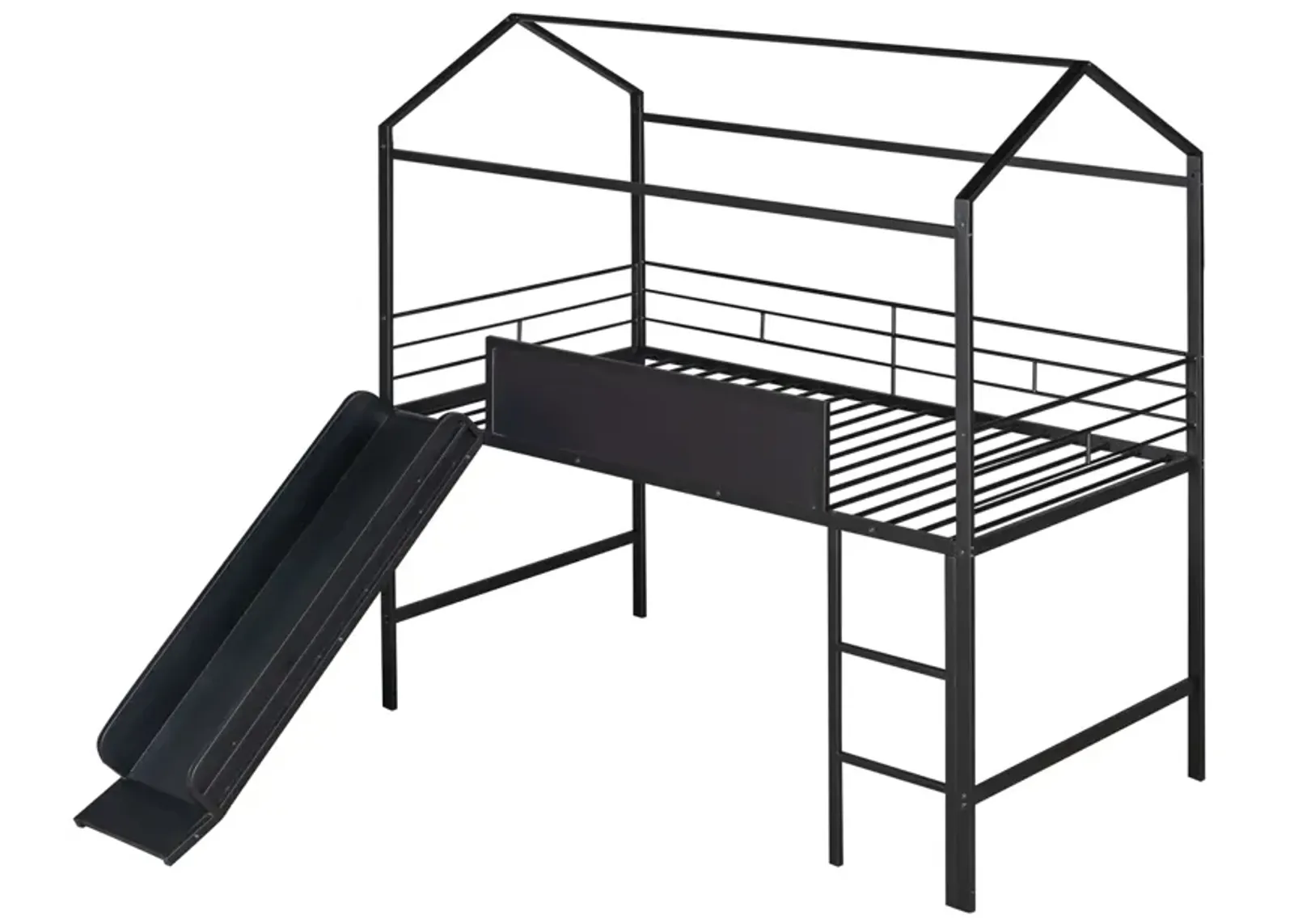 Metal House Bed With Slide, Twin Size Metal Loft Bed With Two-Sided Writable Wooden Board