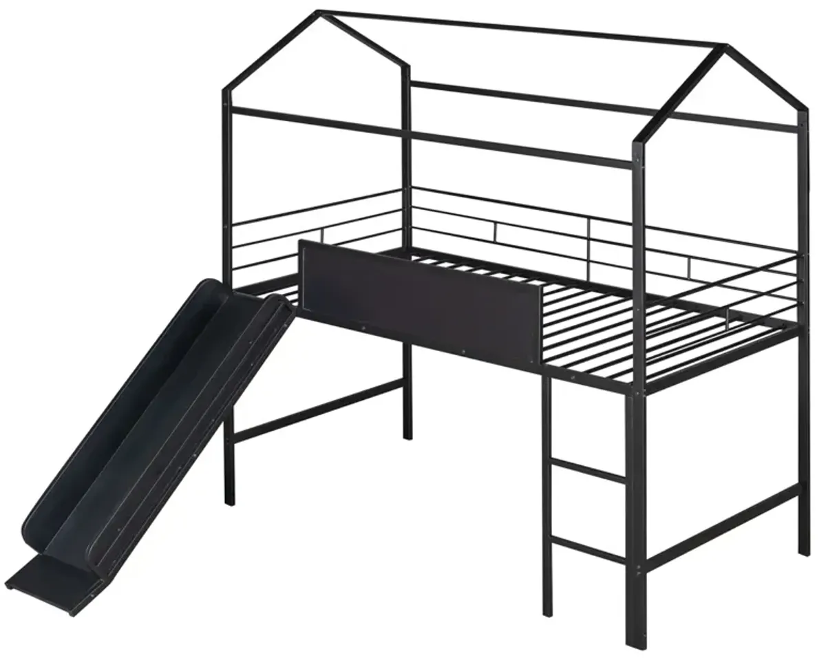 Metal House Bed With Slide, Twin Size Metal Loft Bed With Two-Sided Writable Wooden Board