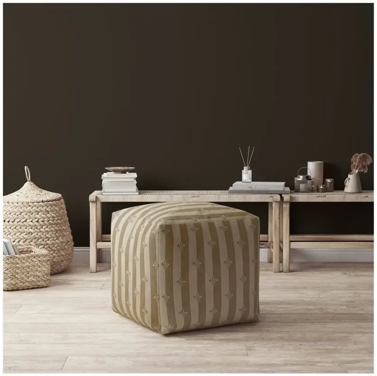 Hivvago 17" Taupe Flax Floral Pouf Ottoman