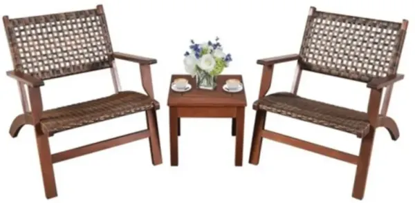 3 Piece Wooden Rattan Outdoor Patio Furniture Chair Table Bistro Set