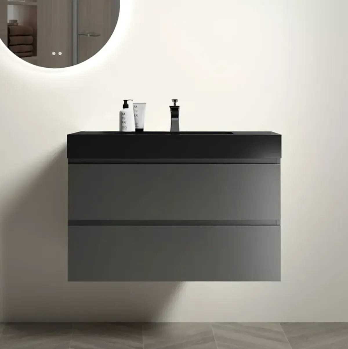 Gray Bathroom Vanity with Sink, Large Storage Wall Mounted