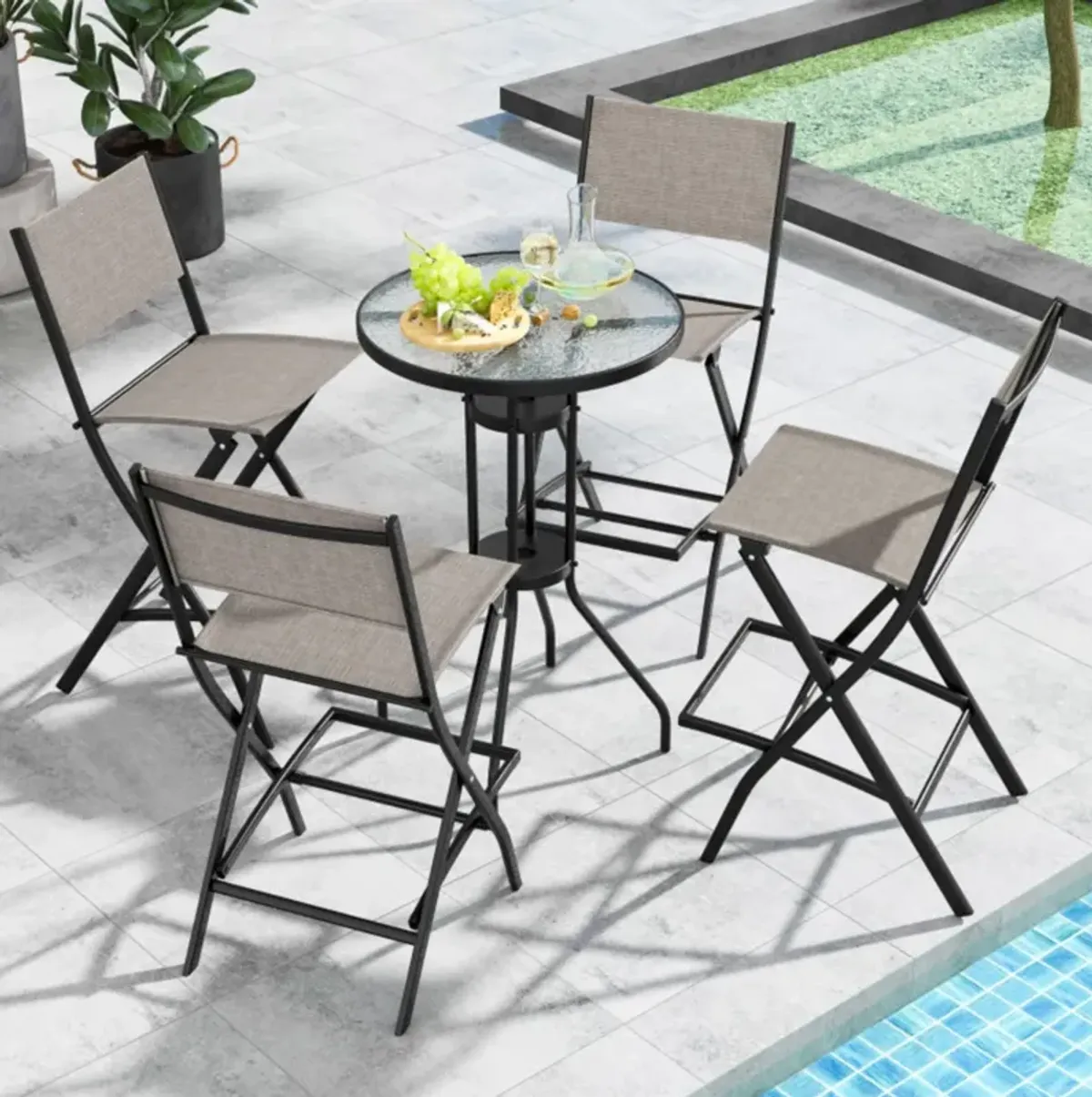 Hivvago Outdoor Folding Bar Height Stool Set of 4 with Metal Frame and Footrest