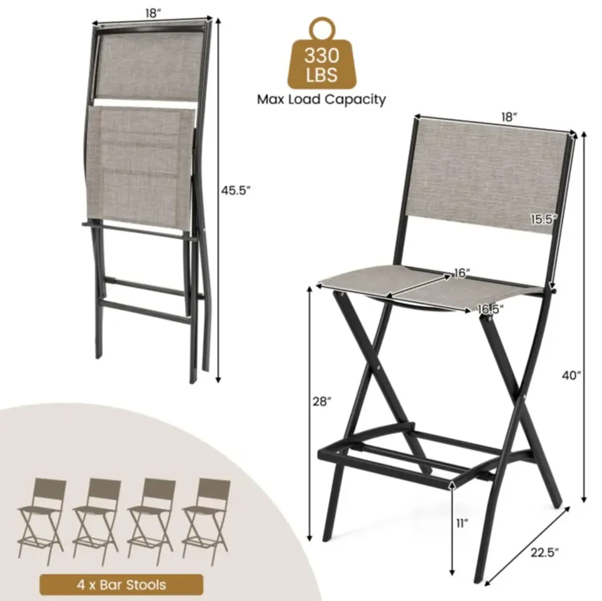 Hivvago Outdoor Folding Bar Height Stool Set of 4 with Metal Frame and Footrest