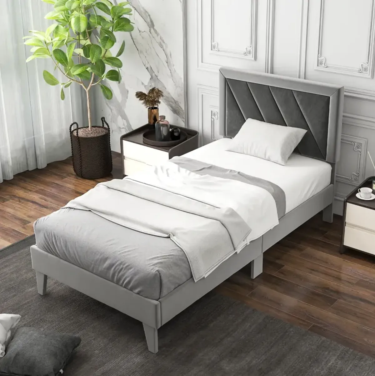 Platform Bed with High Headboard and Wooden Slats