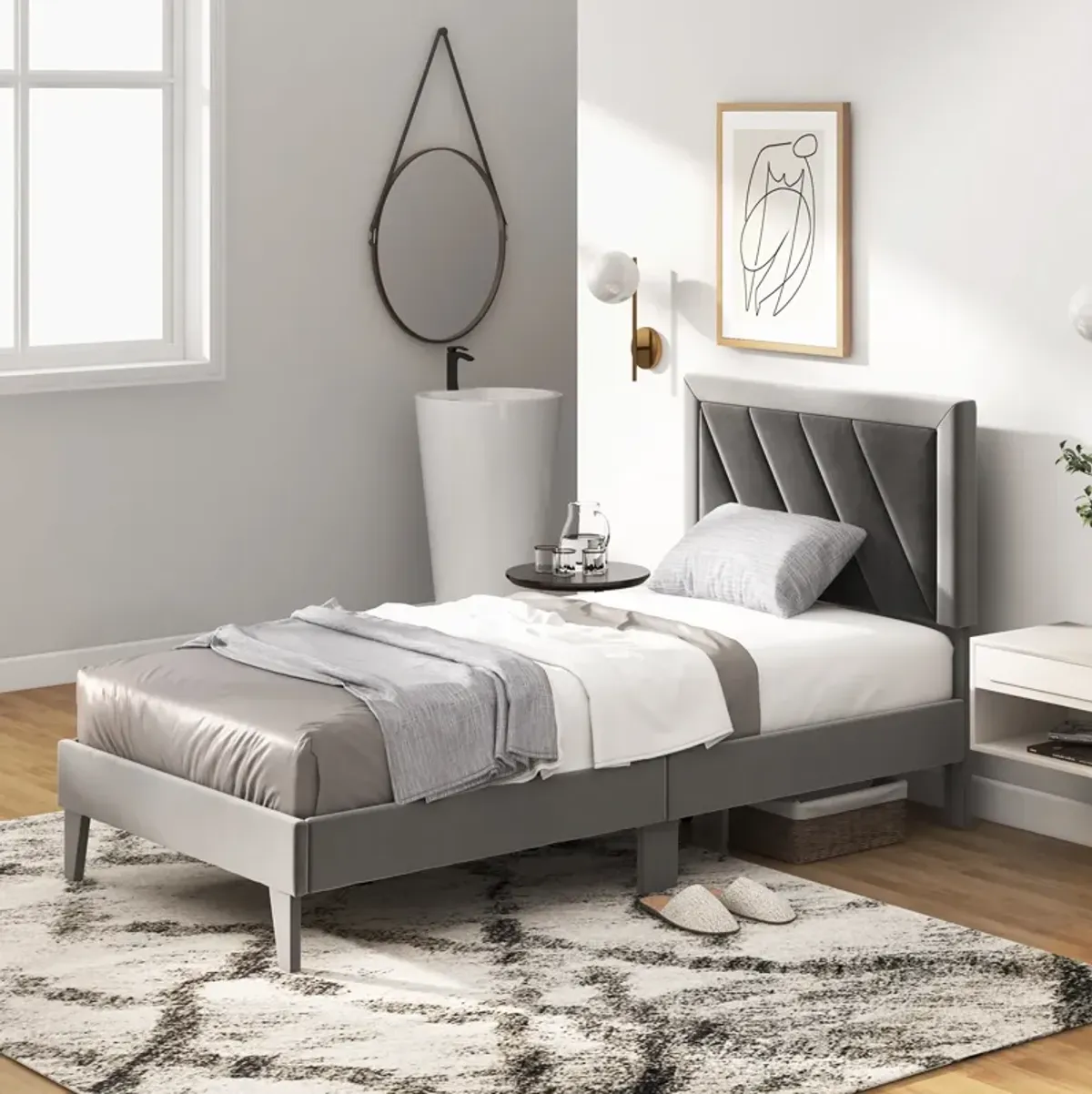 Platform Bed with High Headboard and Wooden Slats