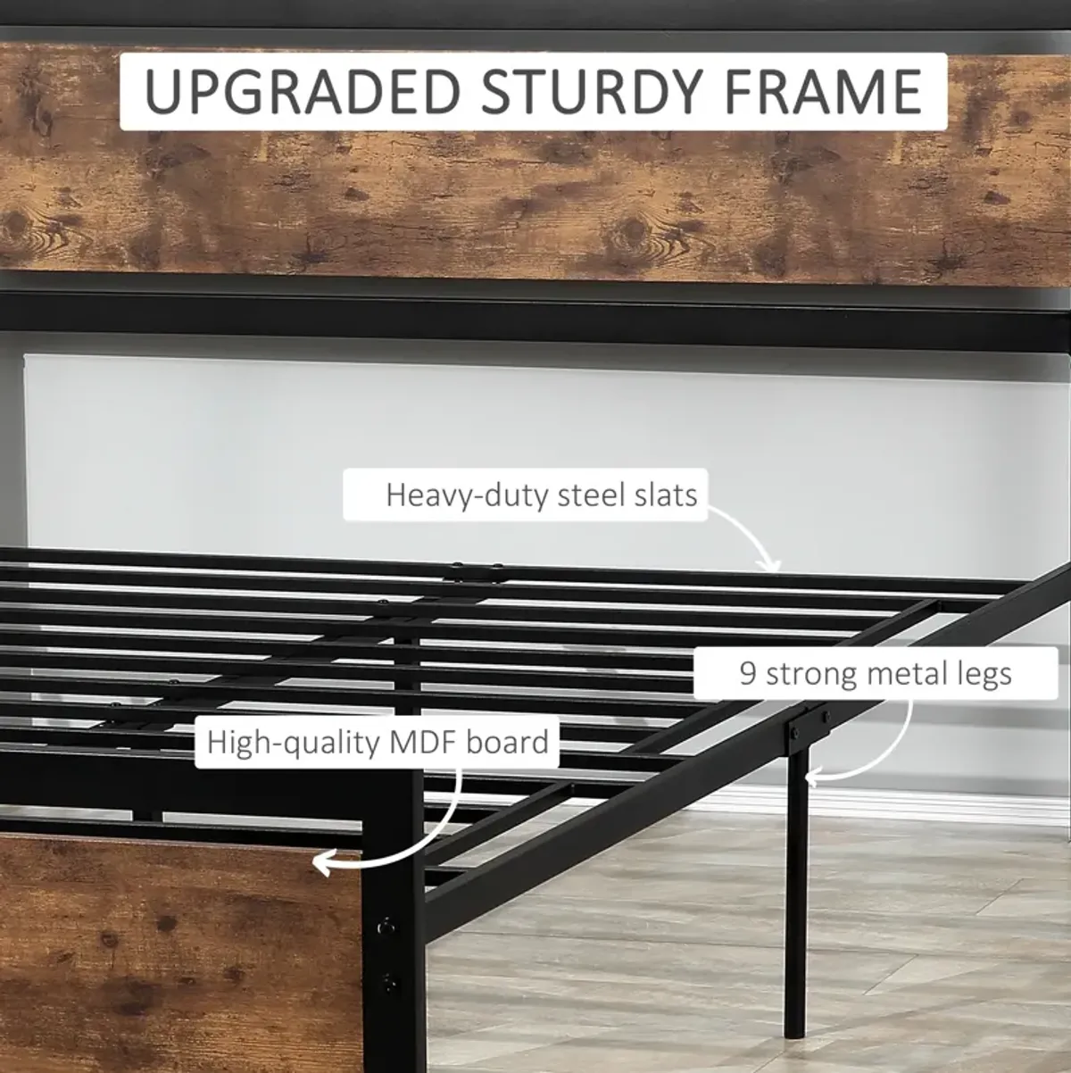 Full Bed Frame with Headboard & Footboard, Strong Slat Support Twin Size Metal Bed w/ Underbed Storage Space