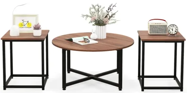 3-Piece Coffee Table Set Round Coffee Table and 2PCS Square End Tables
