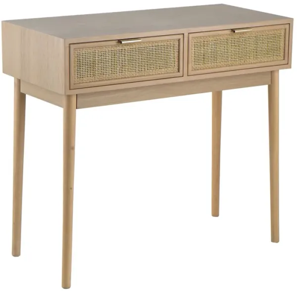 Ela 35 Inch 2 Drawer Wood Console Table, Woven Rattan Panels, Natural Brown