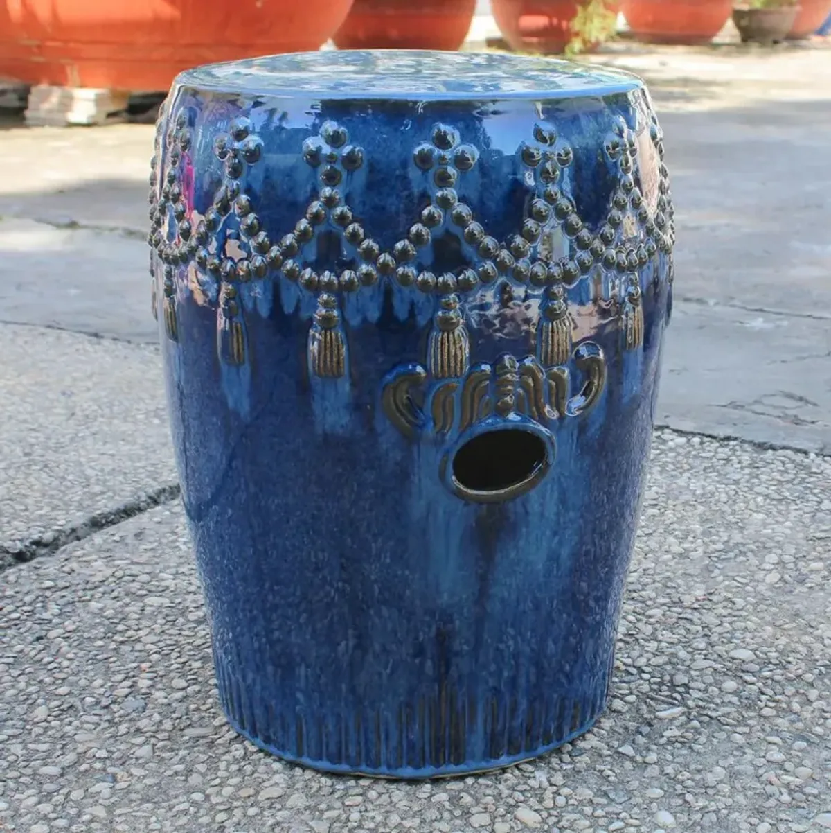 Navy Blue Tasseled Drum Creamic Garden Stool