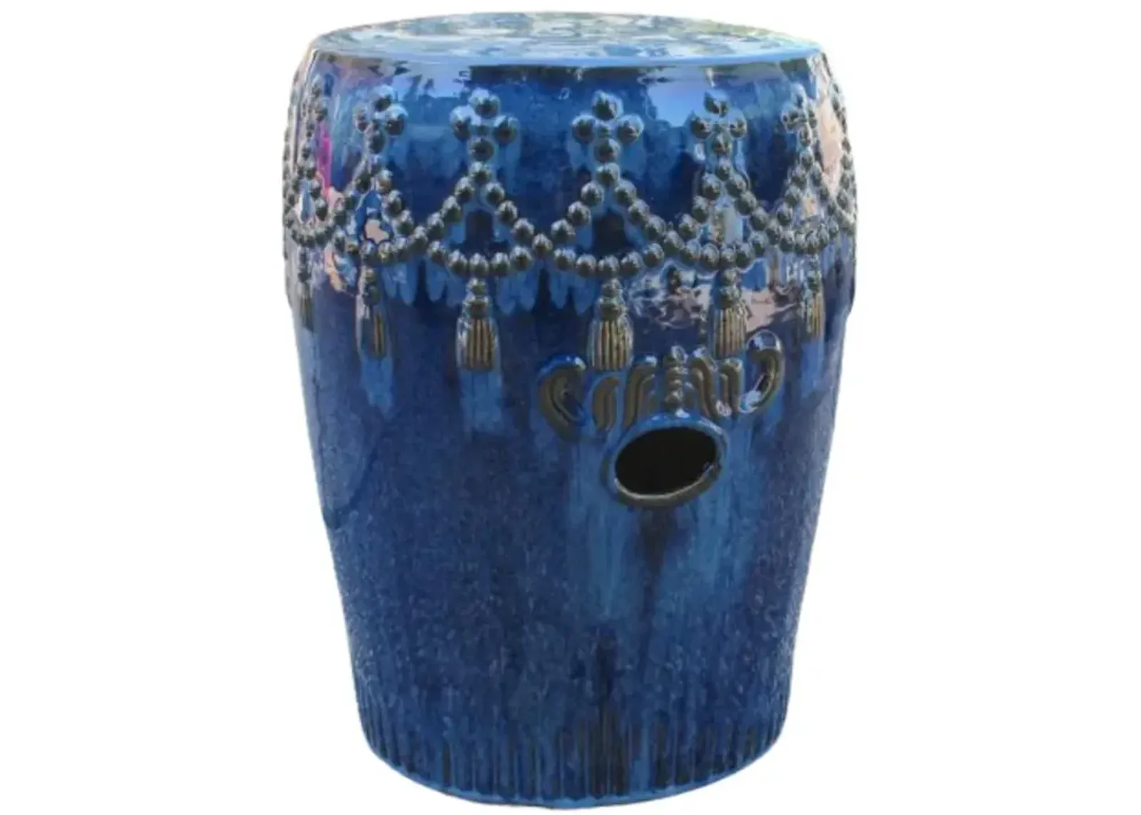 Navy Blue Tasseled Drum Creamic Garden Stool