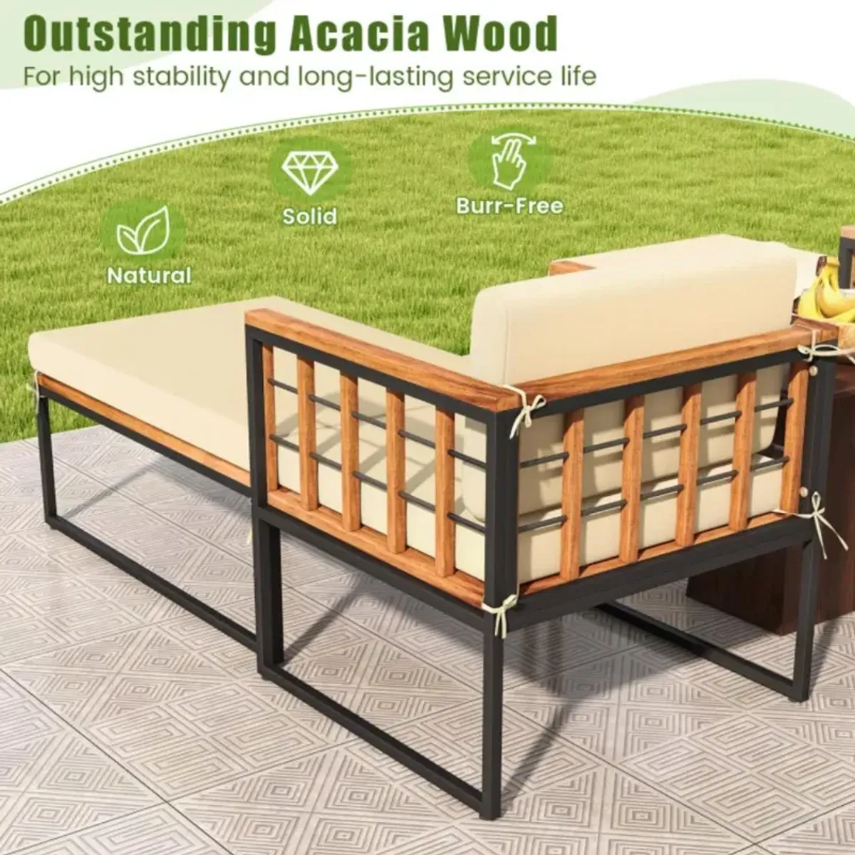 Hivvago Patio Acacia Wood Armchair with Long Ottoman and Seat Back Cushions