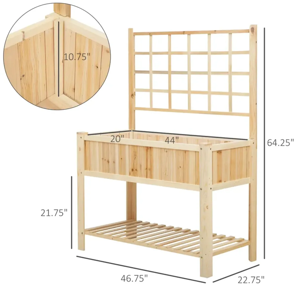 47" x 23" x 64" Wood Elevated Planter Box w/ Spacious Growing Area for Veggies