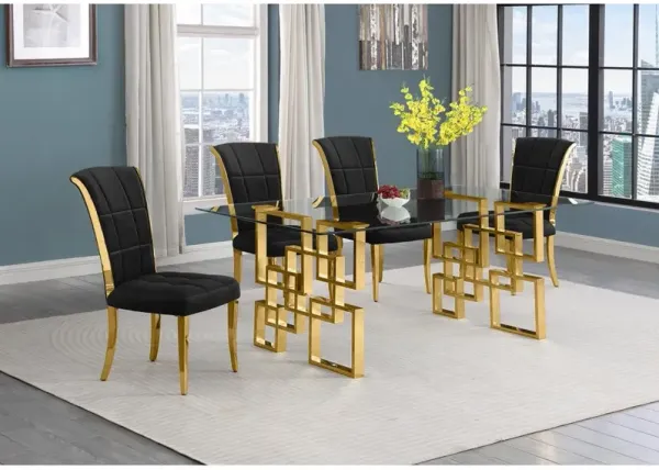 5-piece glam dining set with 4 black chairs and a 79" long glass  table