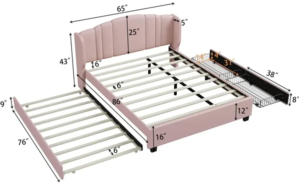 Merax Linen Platform Bed with Twin Trundle and Drawers