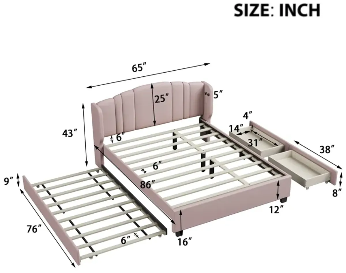 Merax Linen Platform Bed with Twin Trundle and Drawers