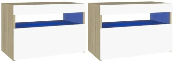 vidaXL Bedside Cabinet & LED Lights 2 pcs White and Sonoma Oak 24"x14"x16"