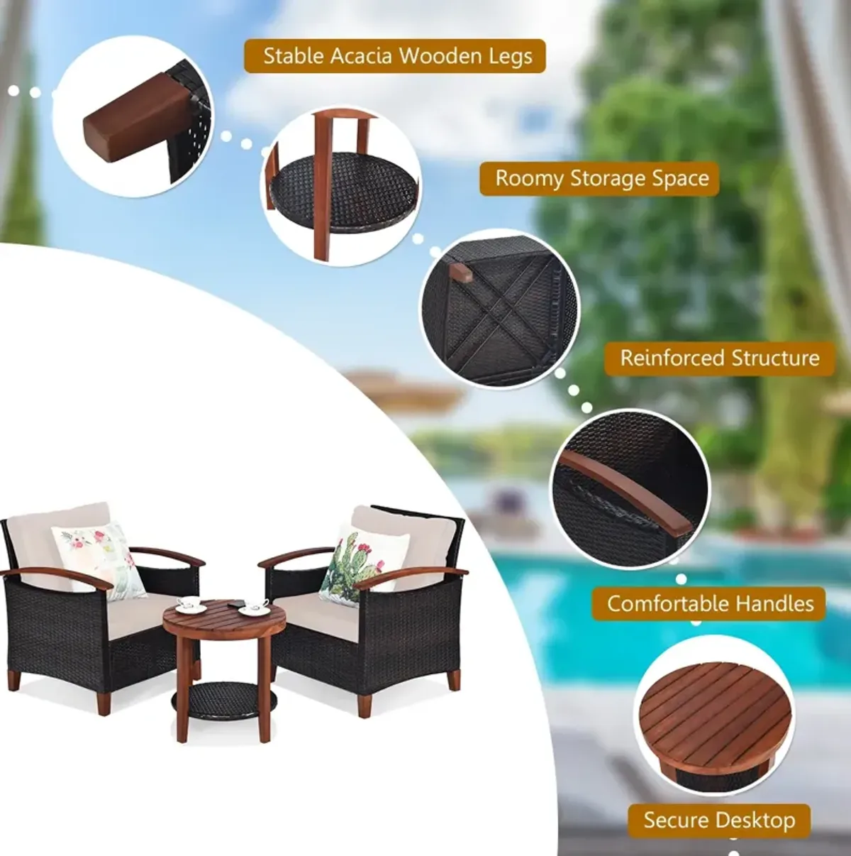 3 Pieces Patio Rattan Furniture Set with Washable Cushion and Acacia Wood Tabletop