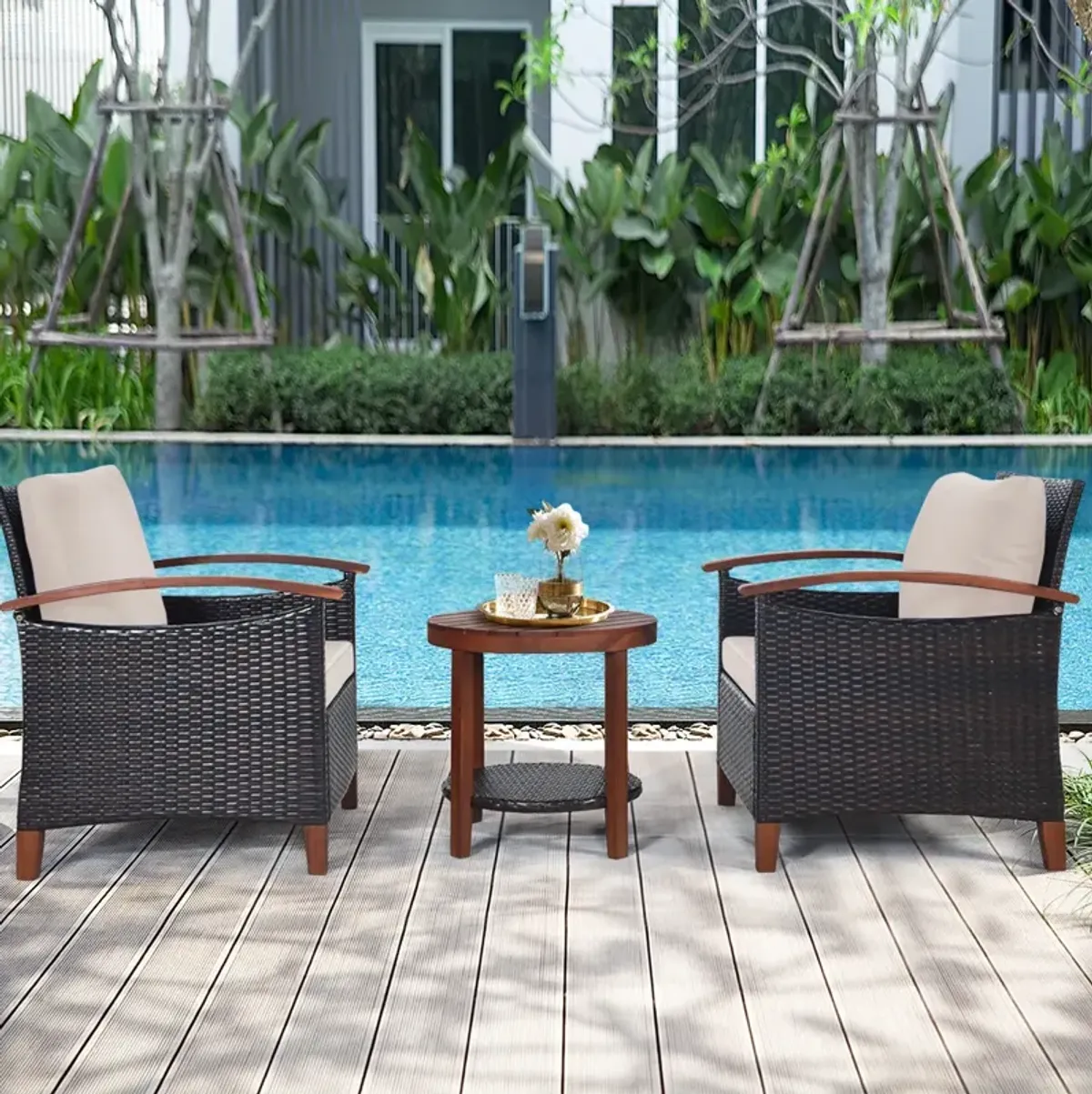 3 Pieces Patio Rattan Furniture Set with Washable Cushion and Acacia Wood Tabletop