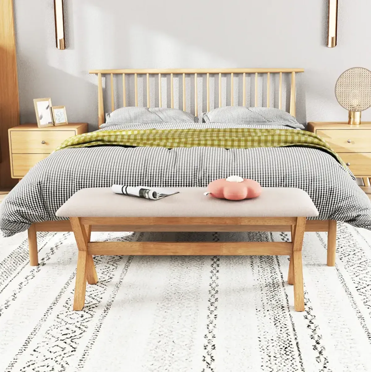 Upholstered Entryway Bench Rubber Wood Bench with Thick Padded Seat