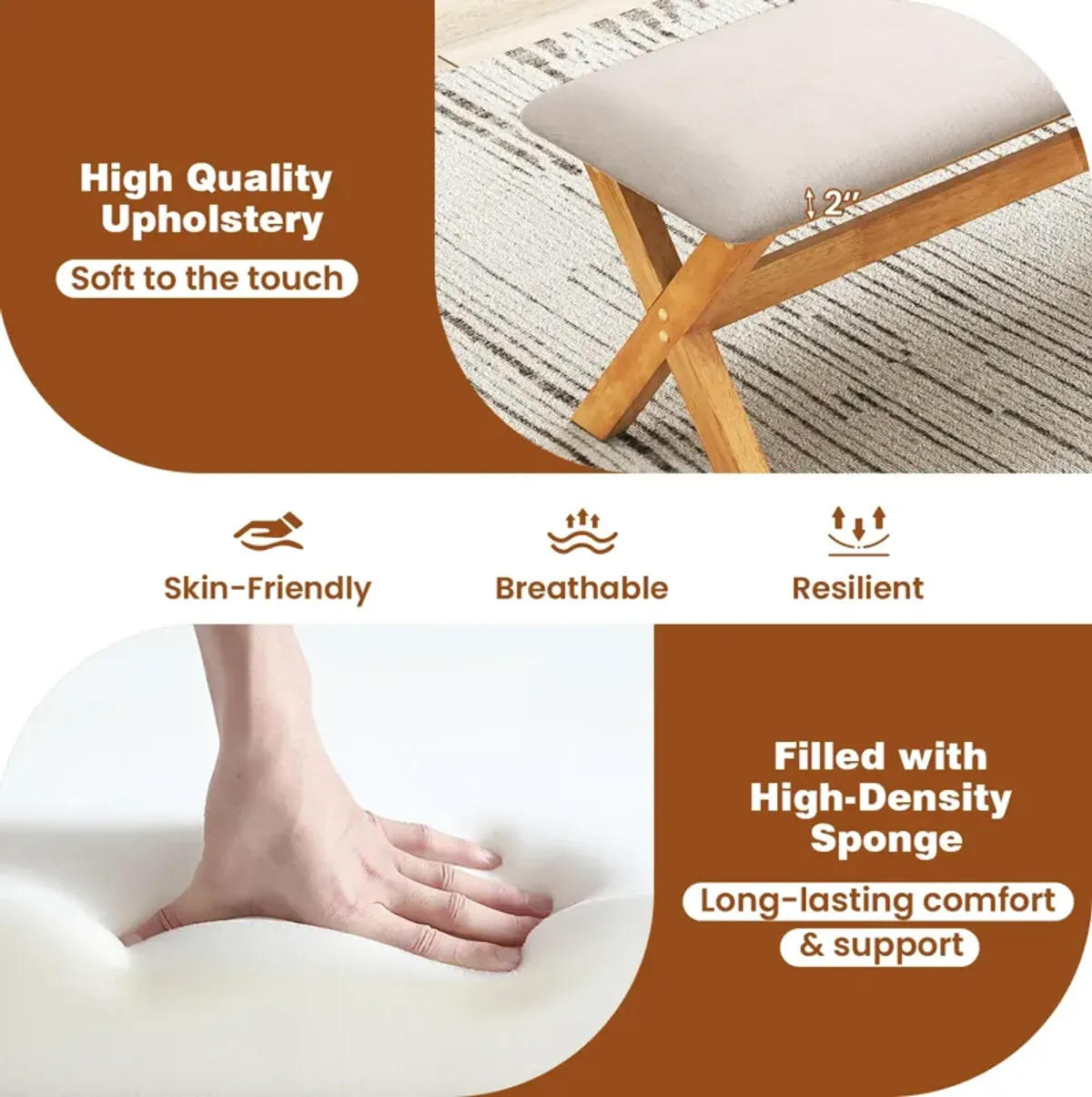 Upholstered Entryway Bench Rubber Wood Bench with Thick Padded Seat