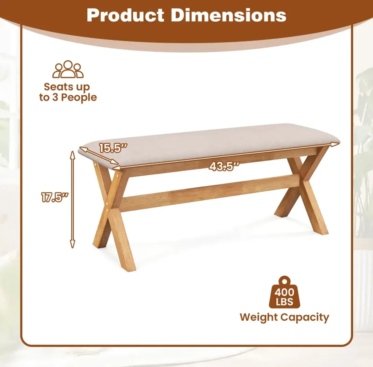 Upholstered Entryway Bench Rubber Wood Bench with Thick Padded Seat