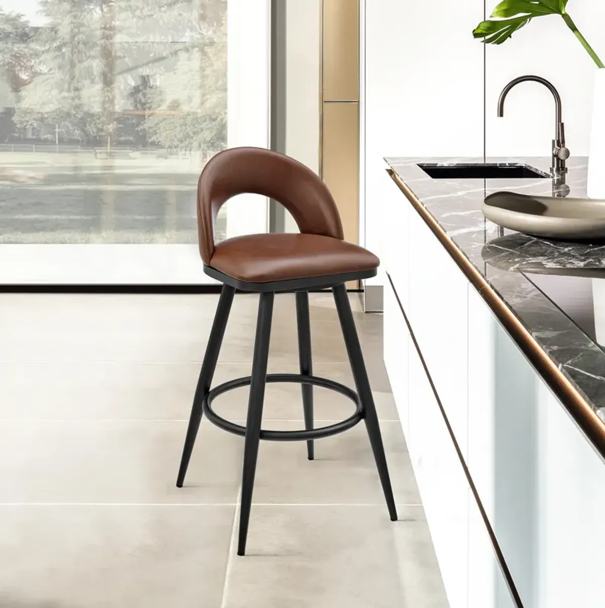 Lottech Swivel Stool in Brushed Stainless Steel with Black Faux Leather