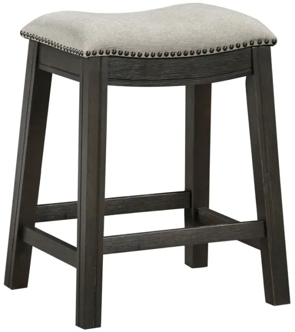 Stacy Counter Height Stool Set of 2, Beige Fabric, Nailhead Trim, Dark Gray - Benzara