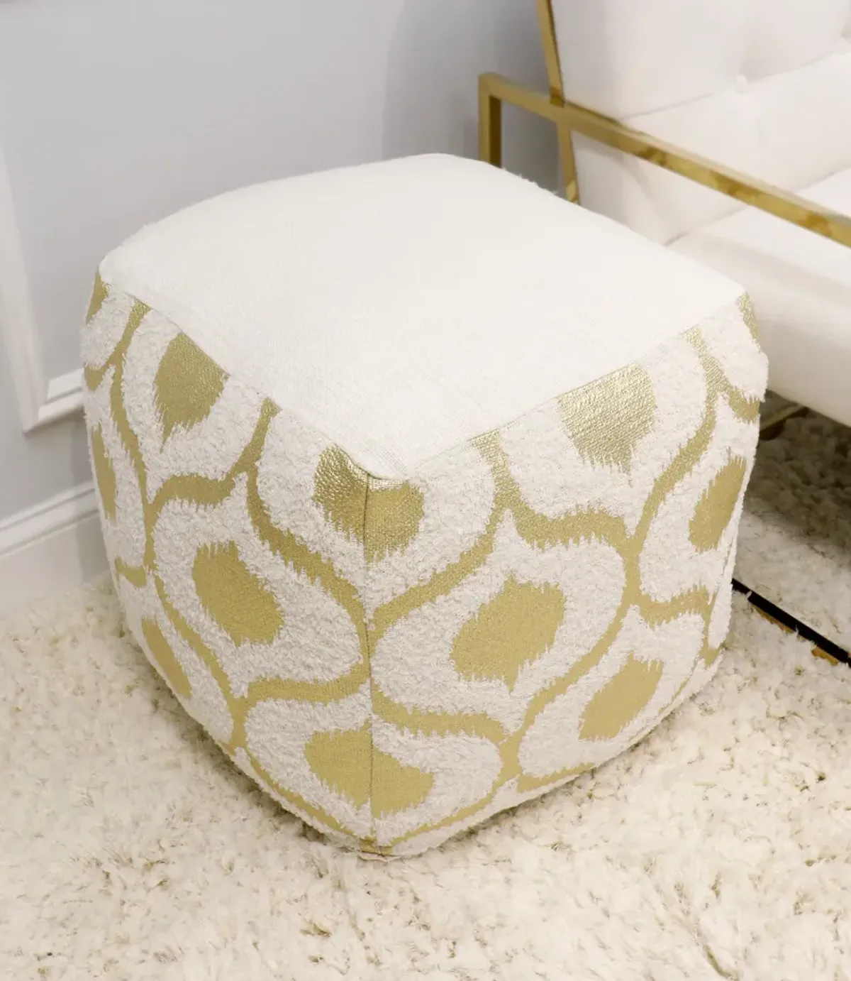 Pasargad Grand Canyon Cotton Pouf, Gold Foiled, Gold/Ivory