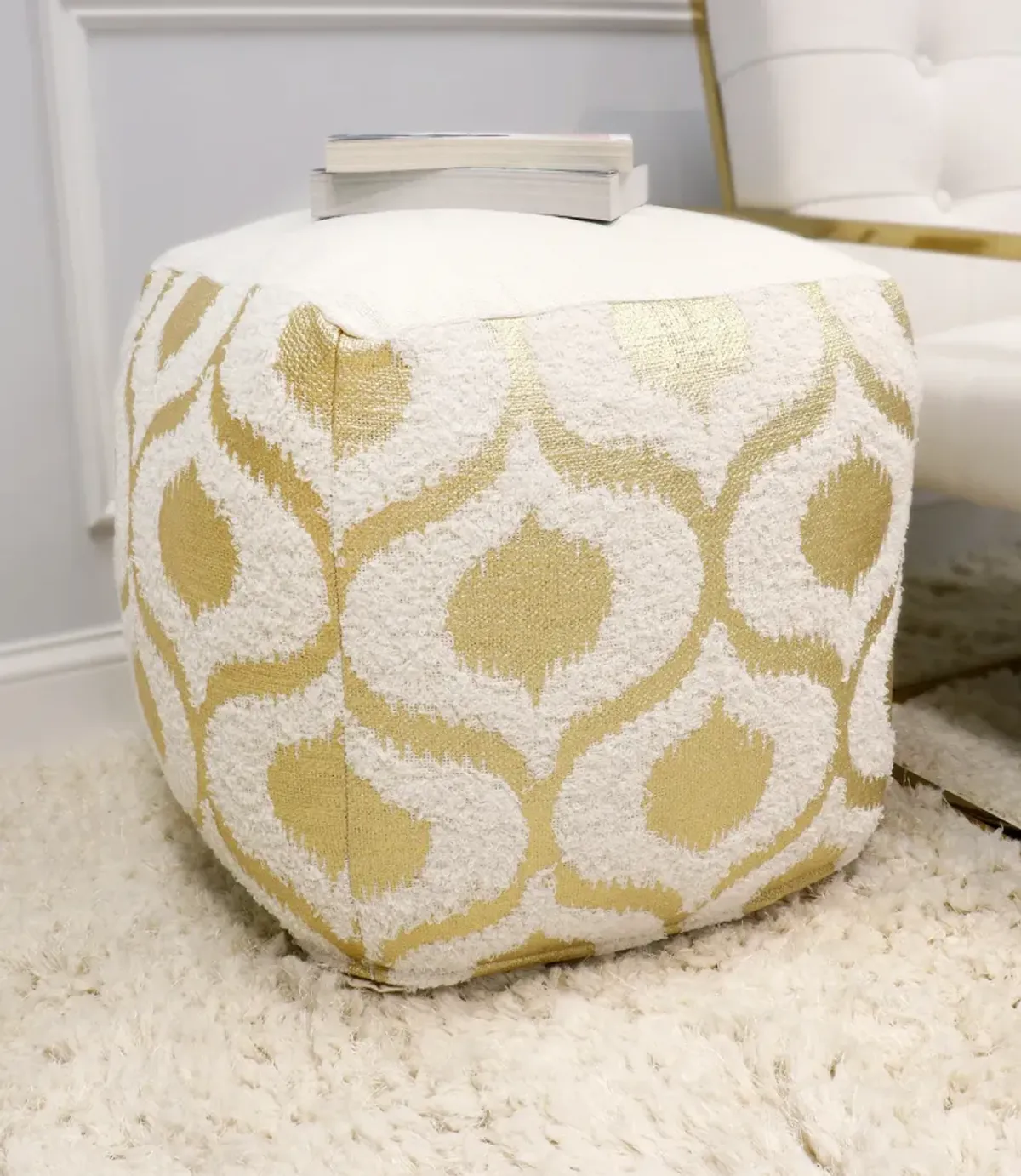 Pasargad Grand Canyon Cotton Pouf, Gold Foiled, Gold/Ivory